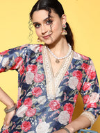 Ahalyaa Women Navy Blue Floral Printed Pleated Kurta with Dhoti Pants | Grocsy
