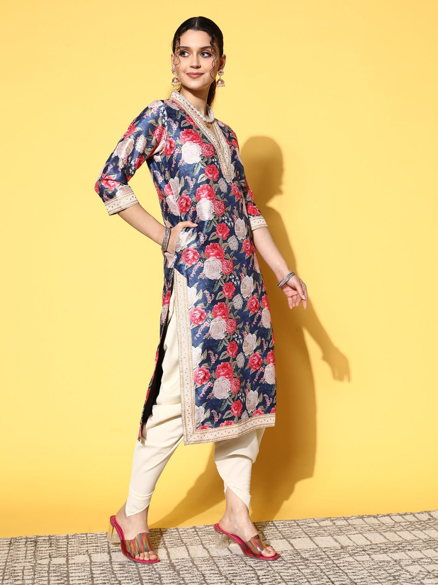 Ahalyaa Women Navy Blue Floral Printed Pleated Kurta with Dhoti Pants | Grocsy