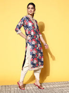 Ahalyaa Women Navy Blue Floral Printed Pleated Kurta with Dhoti Pants | Grocsy