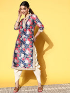 Ahalyaa Women Navy Blue Floral Printed Pleated Kurta with Dhoti Pants | Grocsy