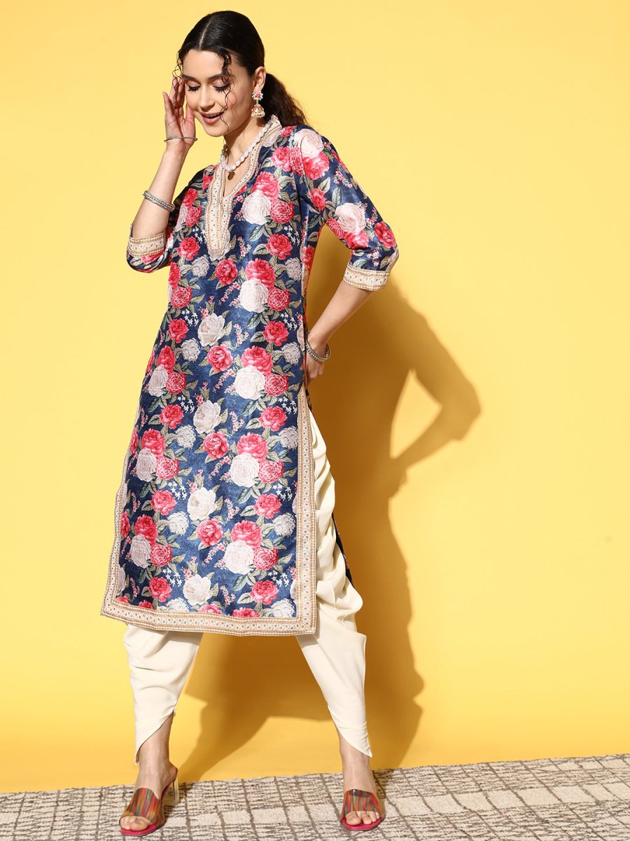Ahalyaa Women Navy Blue Floral Printed Pleated Kurta with Dhoti Pants | Grocsy