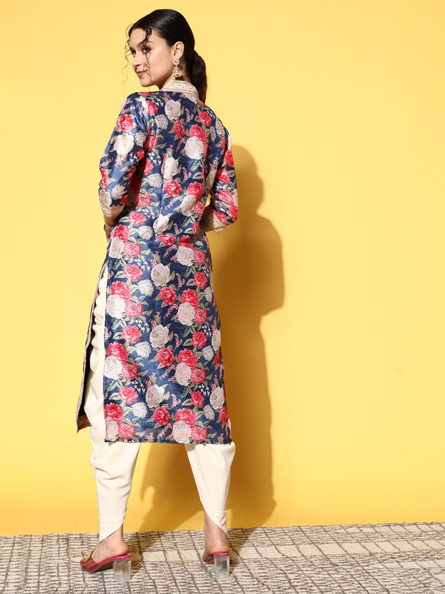 Ahalyaa Women Navy Blue Floral Printed Pleated Kurta with Dhoti Pants | Grocsy