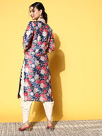 Ahalyaa Women Navy Blue Floral Printed Pleated Kurta with Dhoti Pants | Grocsy