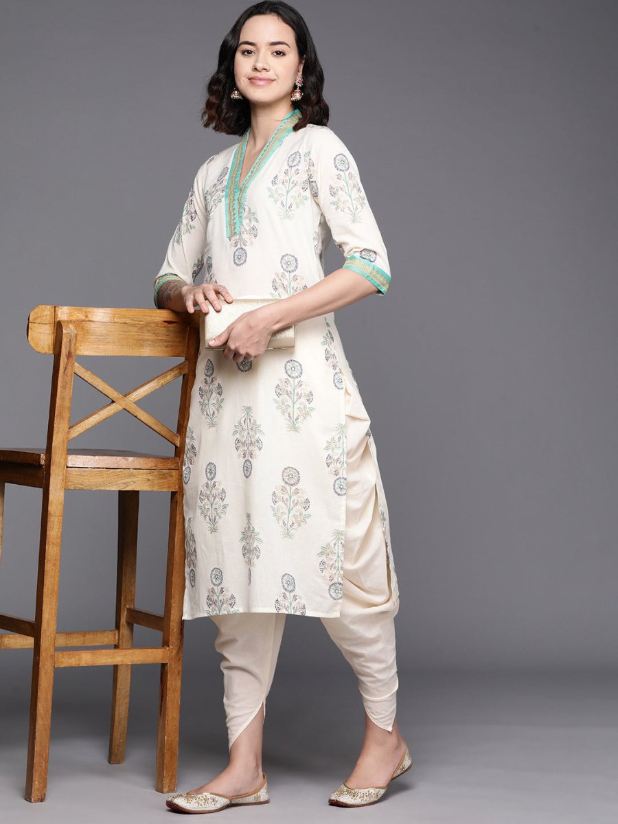 Ahalyaa Floral Printed Regular Pure Cotton Kurta With Dhoti Pants | Grocsy