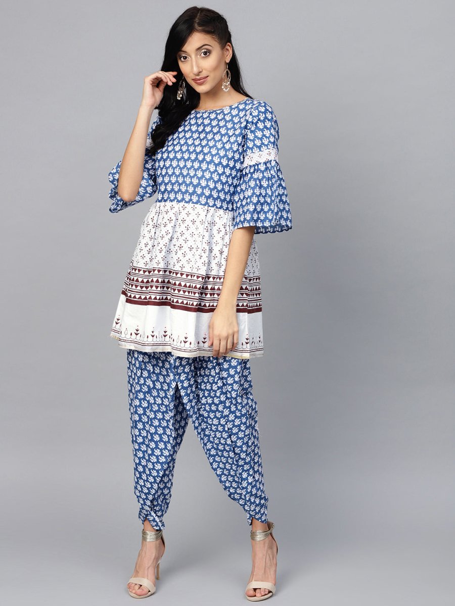 Ahalyaa Women Blue & White Printed Kurti with Dhoti Pants | Grocsy