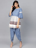Ahalyaa Women Blue & White Printed Kurti with Dhoti Pants | Grocsy