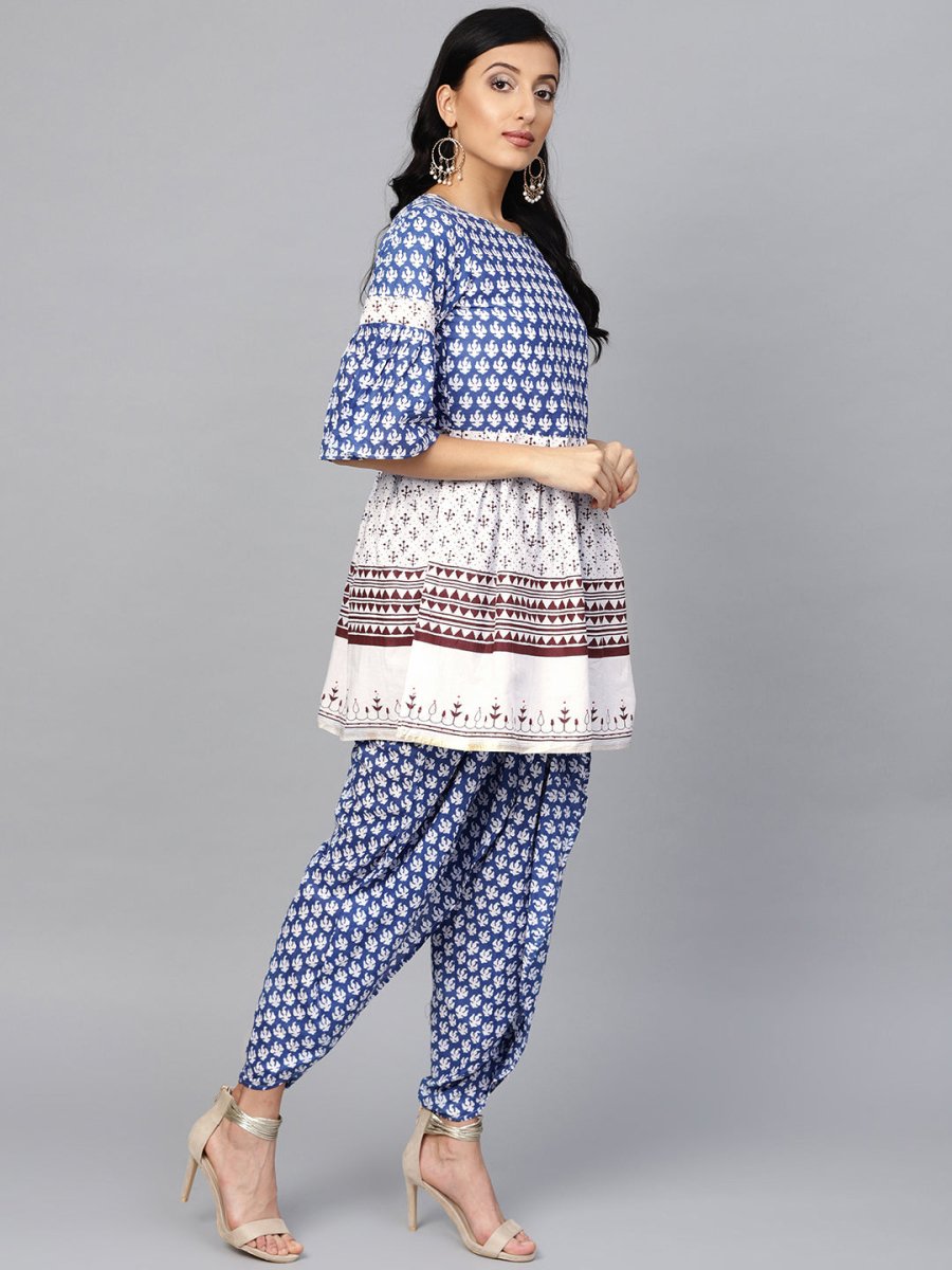 Ahalyaa Women Blue & White Printed Kurti with Dhoti Pants | Grocsy