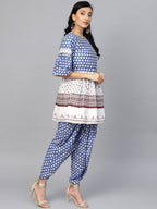Ahalyaa Women Blue & White Printed Kurti with Dhoti Pants | Grocsy