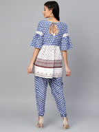 Ahalyaa Women Blue & White Printed Kurti with Dhoti Pants | Grocsy