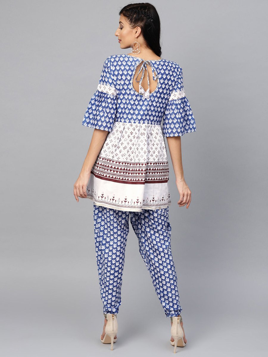 Ahalyaa Women Blue & White Printed Kurti with Dhoti Pants | Grocsy