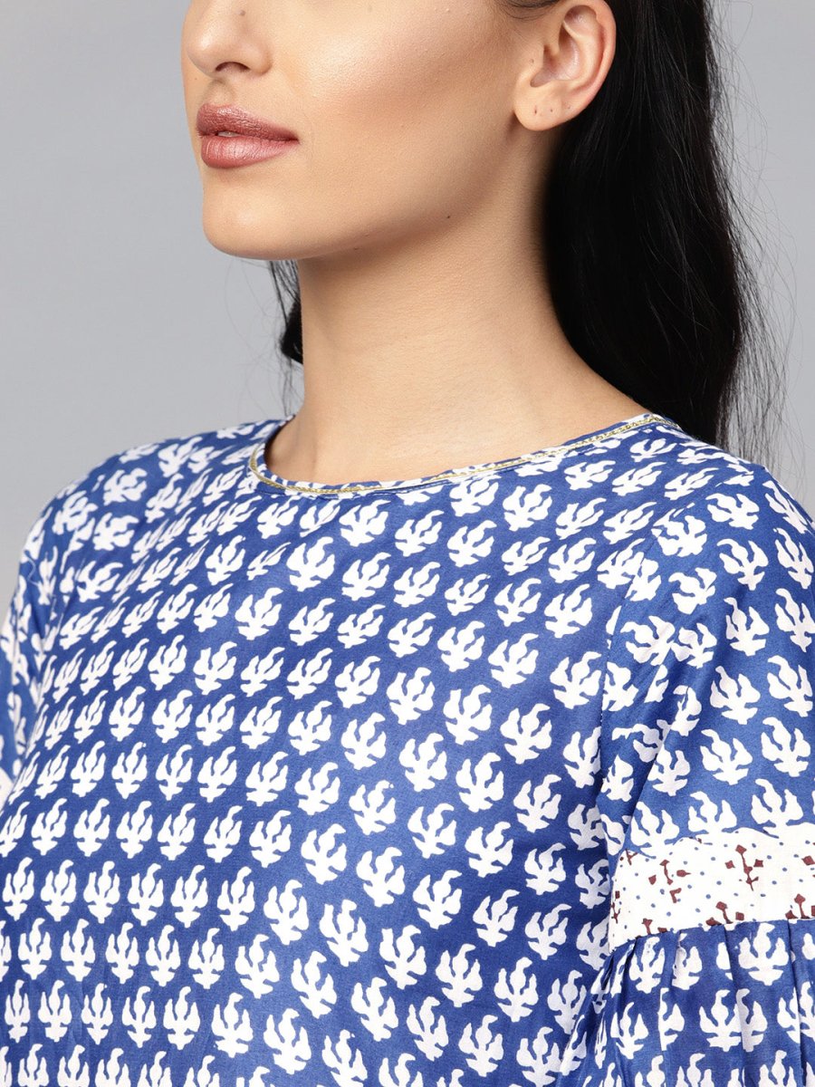 Ahalyaa Women Blue & White Printed Kurti with Dhoti Pants | Grocsy