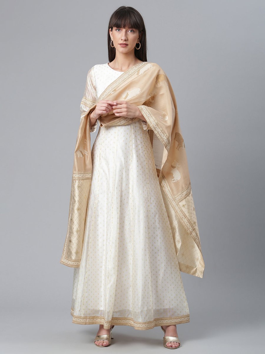 Ahalyaa Cream-Coloured & Golden Printed Anarkali Kurta with Dupatta | Grocsy