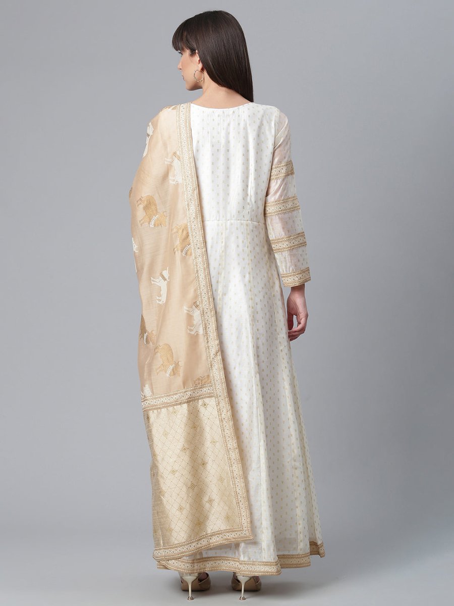 Ahalyaa Cream-Coloured & Golden Printed Anarkali Kurta with Dupatta | Grocsy