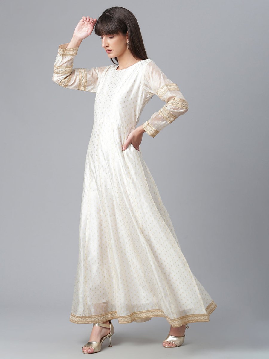 Ahalyaa Cream-Coloured & Golden Printed Anarkali Kurta with Dupatta | Grocsy