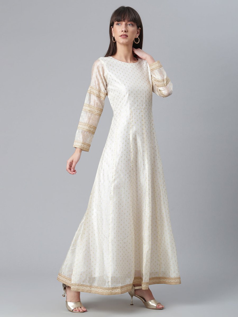 Ahalyaa Cream-Coloured & Golden Printed Anarkali Kurta with Dupatta | Grocsy