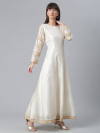 Ahalyaa Cream-Coloured & Golden Printed Anarkali Kurta with Dupatta | Grocsy