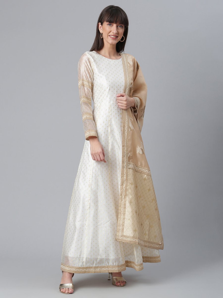Ahalyaa Cream-Coloured & Golden Printed Anarkali Kurta with Dupatta | Grocsy