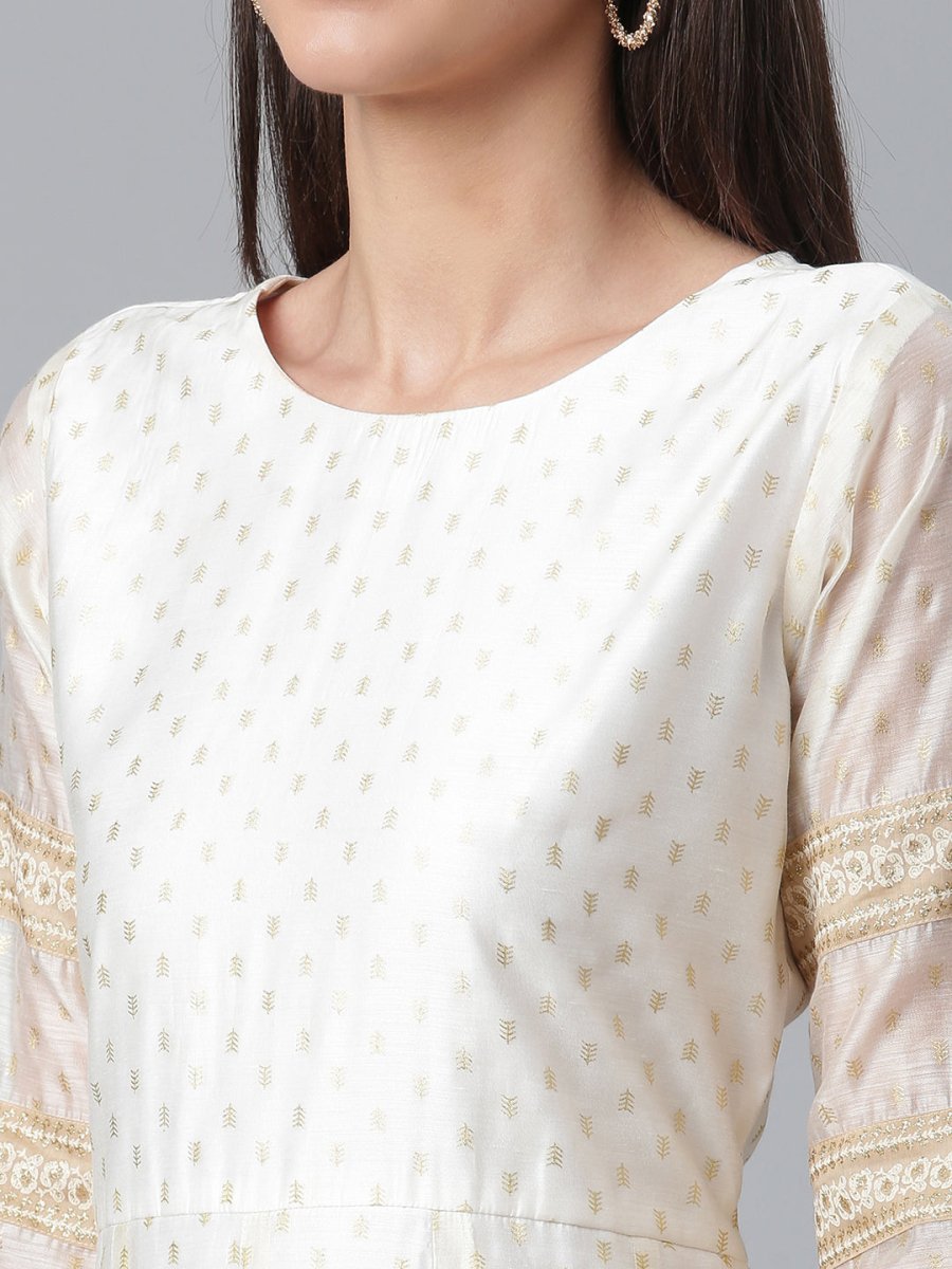 Ahalyaa Cream-Coloured & Golden Printed Anarkali Kurta with Dupatta | Grocsy