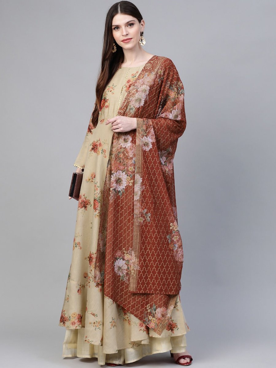 Ahalyaa Women Beige & Red Floral Printed Anarkali Kurta With Dupatta | Grocsy