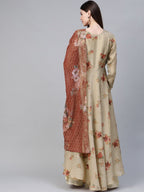 Ahalyaa Women Beige & Red Floral Printed Anarkali Kurta With Dupatta | Grocsy