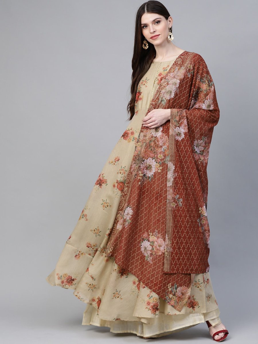 Ahalyaa Women Beige & Red Floral Printed Anarkali Kurta With Dupatta | Grocsy
