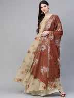 Ahalyaa Women Beige & Red Floral Printed Anarkali Kurta With Dupatta | Grocsy