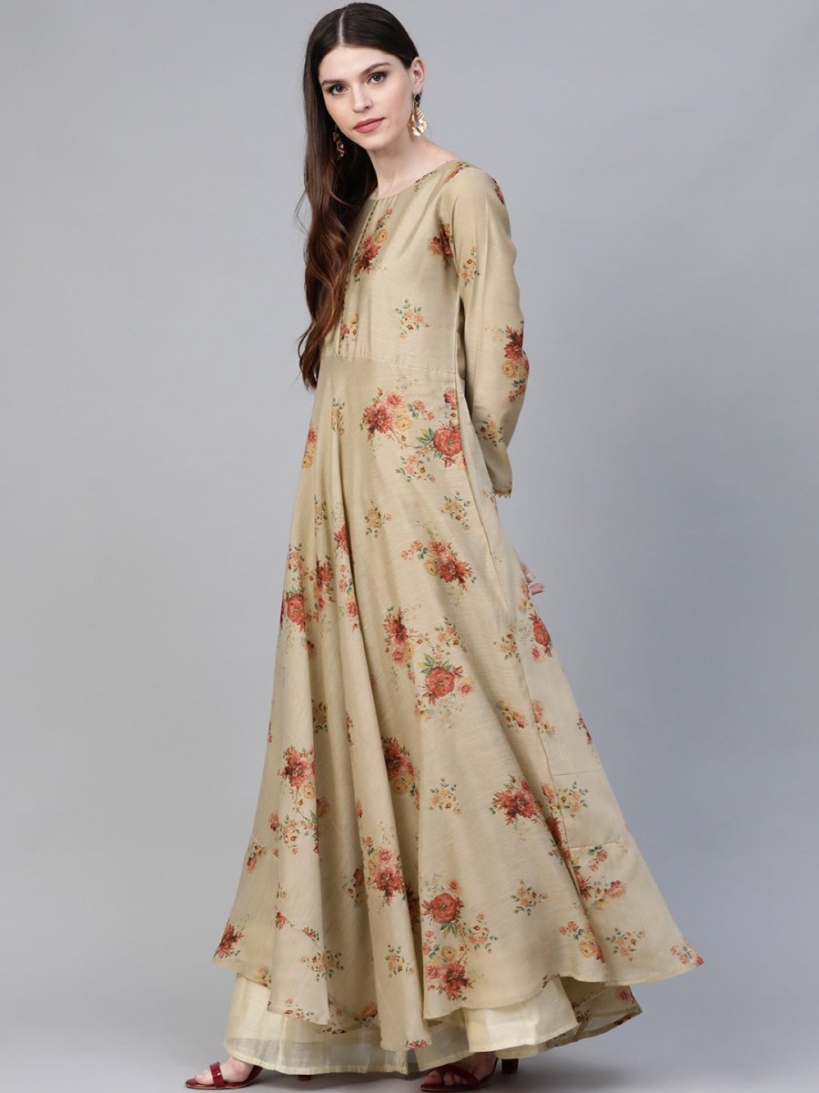 Ahalyaa Women Beige & Red Floral Printed Anarkali Kurta With Dupatta | Grocsy