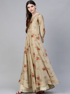 Ahalyaa Women Beige & Red Floral Printed Anarkali Kurta With Dupatta | Grocsy
