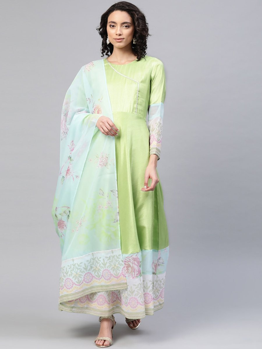 Ahalyaa Women Beautiful Lime Green & Blue Solid Angrakha Kurta With Screen Printed Dupatta | Grocsy