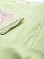 Ahalyaa Women Beautiful Lime Green & Blue Solid Angrakha Kurta With Screen Printed Dupatta | Grocsy