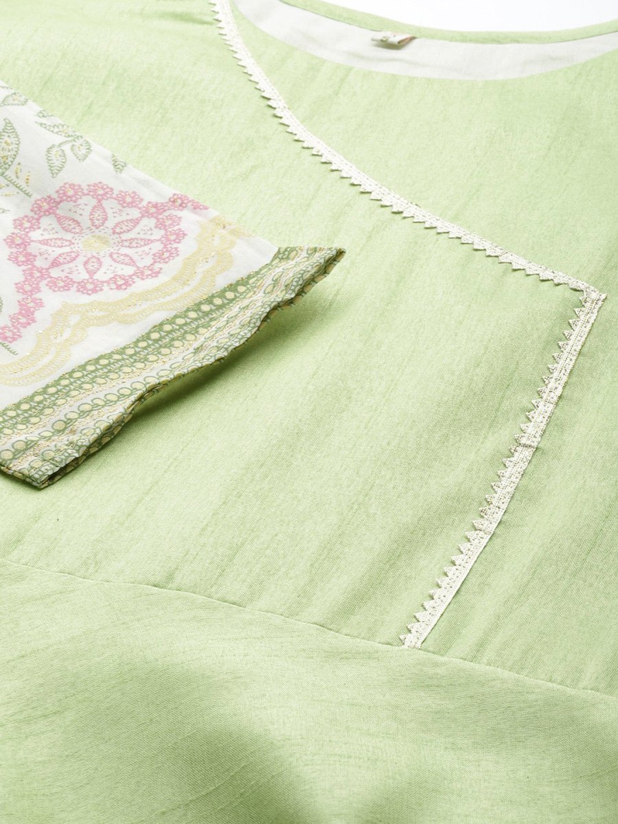 Ahalyaa Women Beautiful Lime Green & Blue Solid Angrakha Kurta With Screen Printed Dupatta | Grocsy