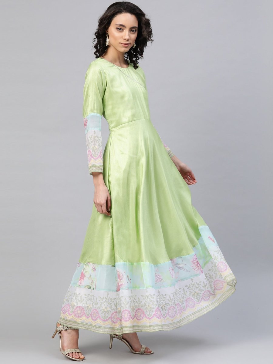 Ahalyaa Women Beautiful Lime Green & Blue Solid Angrakha Kurta With Screen Printed Dupatta | Grocsy