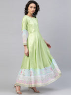 Ahalyaa Women Beautiful Lime Green & Blue Solid Angrakha Kurta With Screen Printed Dupatta | Grocsy