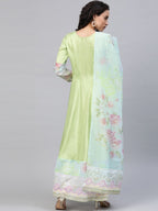 Ahalyaa Women Beautiful Lime Green & Blue Solid Angrakha Kurta With Screen Printed Dupatta | Grocsy