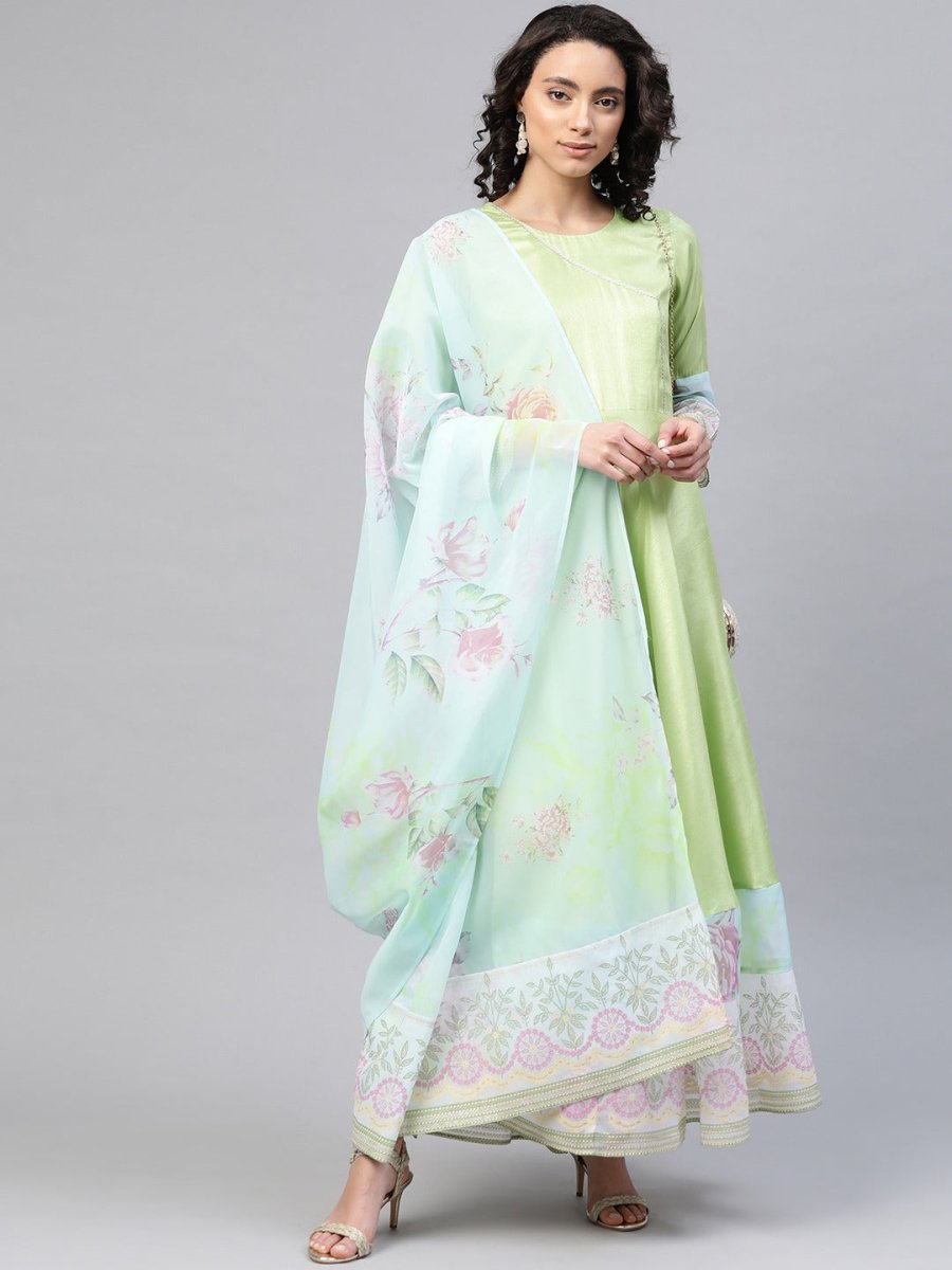 Ahalyaa Women Beautiful Lime Green & Blue Solid Angrakha Kurta With Screen Printed Dupatta | Grocsy