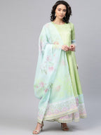 Ahalyaa Women Beautiful Lime Green & Blue Solid Angrakha Kurta With Screen Printed Dupatta | Grocsy
