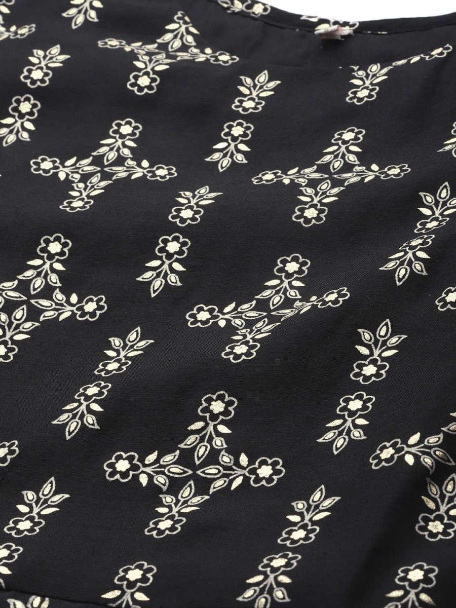 Ahalyaa Women Black & Golden Foil Ethnic Moti Printed Floral Kurta With Dupatta | Grocsy