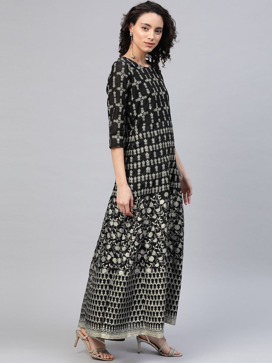 Ahalyaa Women Black & Golden Foil Ethnic Moti Printed Floral Kurta With Dupatta | Grocsy