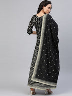 Ahalyaa Women Black & Golden Foil Ethnic Moti Printed Floral Kurta With Dupatta | Grocsy