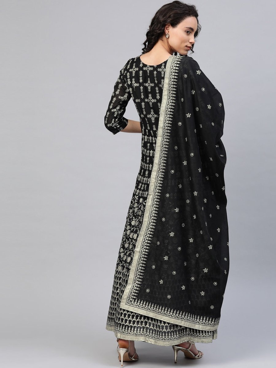 Ahalyaa Women Black & Golden Foil Ethnic Moti Printed Floral Kurta With Dupatta | Grocsy