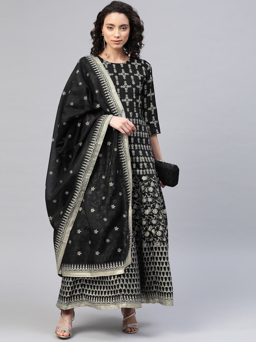 Ahalyaa Women Black & Golden Foil Ethnic Moti Printed Floral Kurta With Dupatta | Grocsy