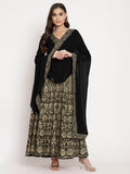Ahalyaa Women's Black Georgette Gold Foil Print Flared Kurta with Dupatta | Grocsy