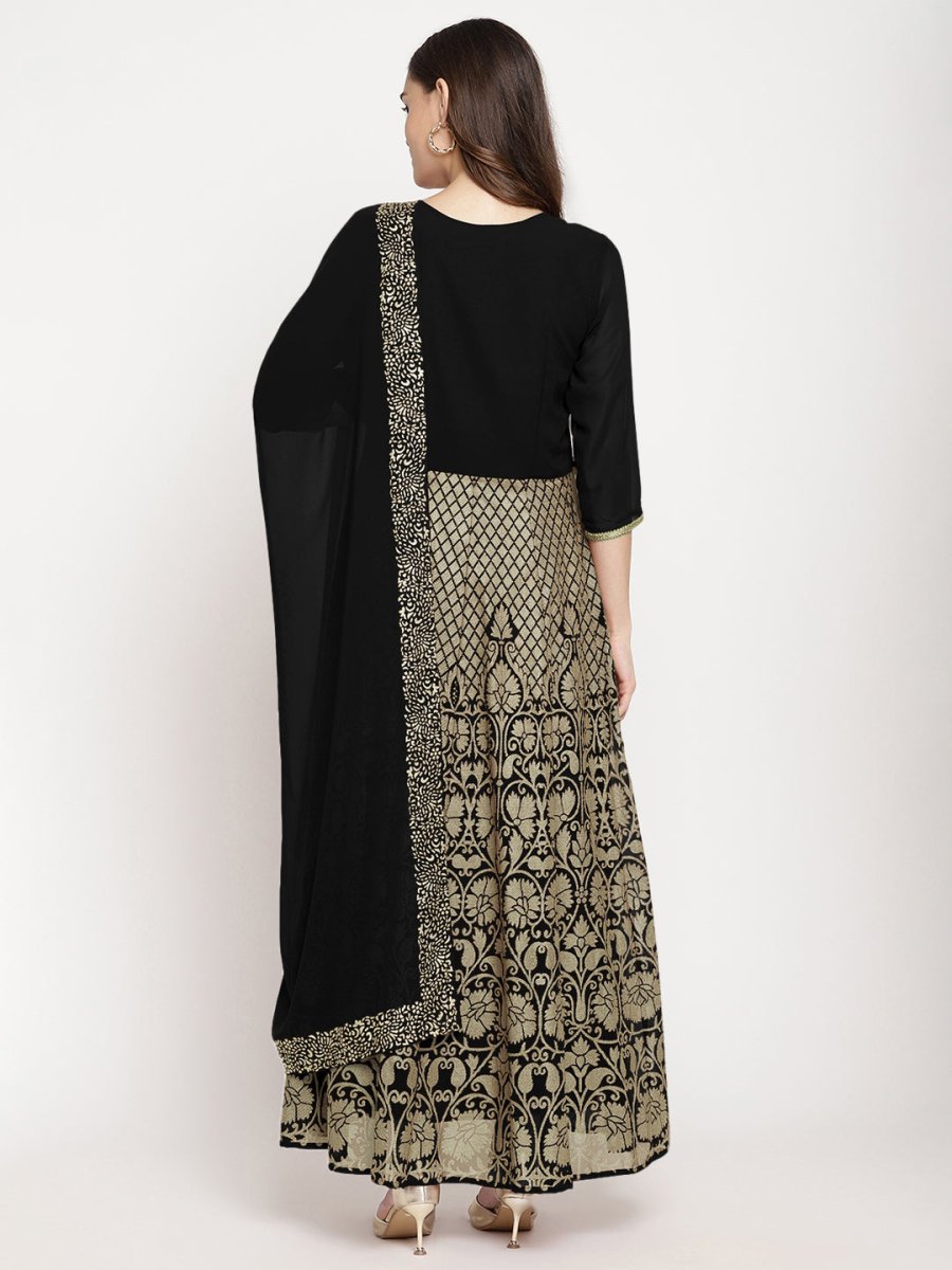 Ahalyaa Women's Black Georgette Gold Foil Print Flared Kurta with Dupatta | Grocsy