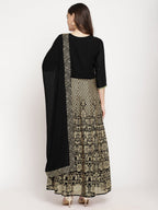 Ahalyaa Women's Black Georgette Gold Foil Print Flared Kurta with Dupatta | Grocsy