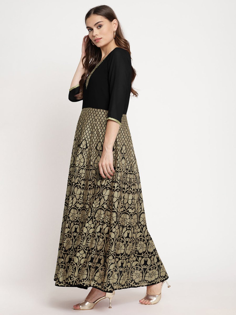 Ahalyaa Women's Black Georgette Gold Foil Print Flared Kurta with Dupatta | Grocsy