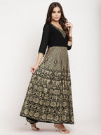 Ahalyaa Women's Black Georgette Gold Foil Print Flared Kurta with Dupatta | Grocsy