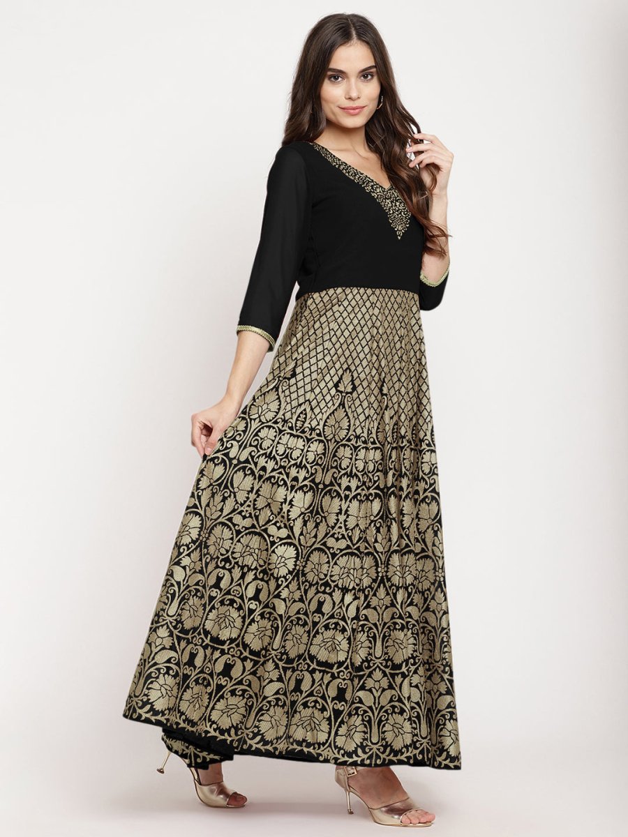 Ahalyaa Women's Black Georgette Gold Foil Print Flared Kurta with Dupatta | Grocsy