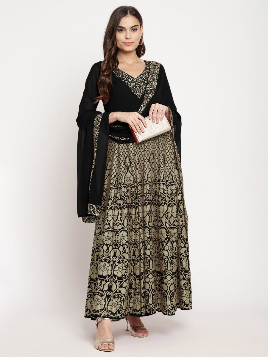 Ahalyaa Women's Black Georgette Gold Foil Print Flared Kurta with Dupatta | Grocsy