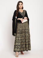 Ahalyaa Women's Black Georgette Gold Foil Print Flared Kurta with Dupatta | Grocsy