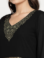 Ahalyaa Women's Black Georgette Gold Foil Print Flared Kurta with Dupatta | Grocsy